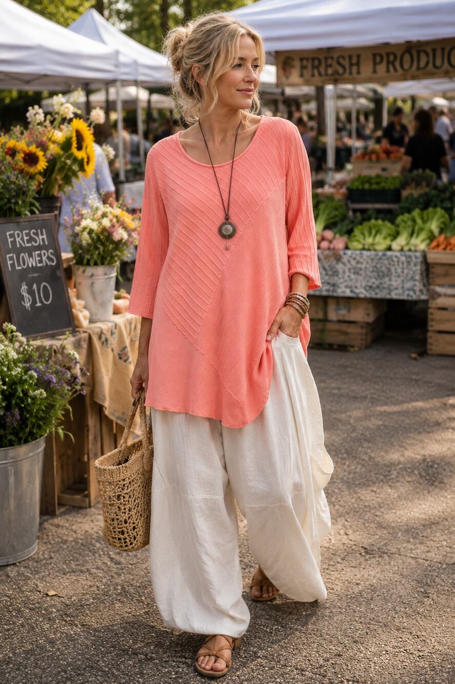 Focus Casual Life Peach Ribbed Cotton Tunic Top XL Lagenlook Boho 3/4 Sleeve
